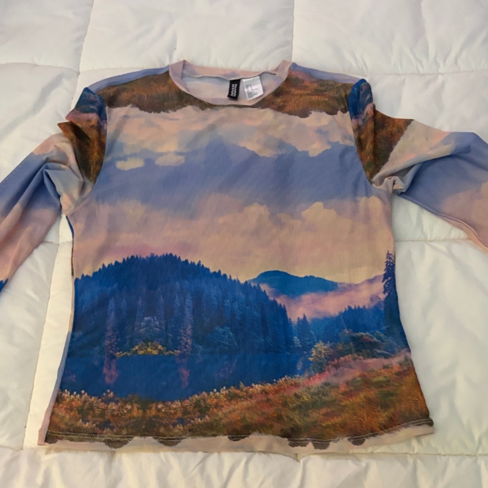 Divided Long Sleeve Scenic Mountain Print Tee in Blue and Pink
